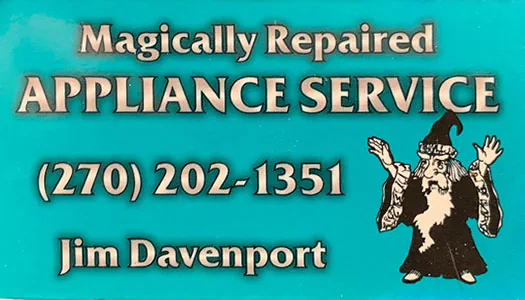 The teal Magically Repaired business card with a wizard